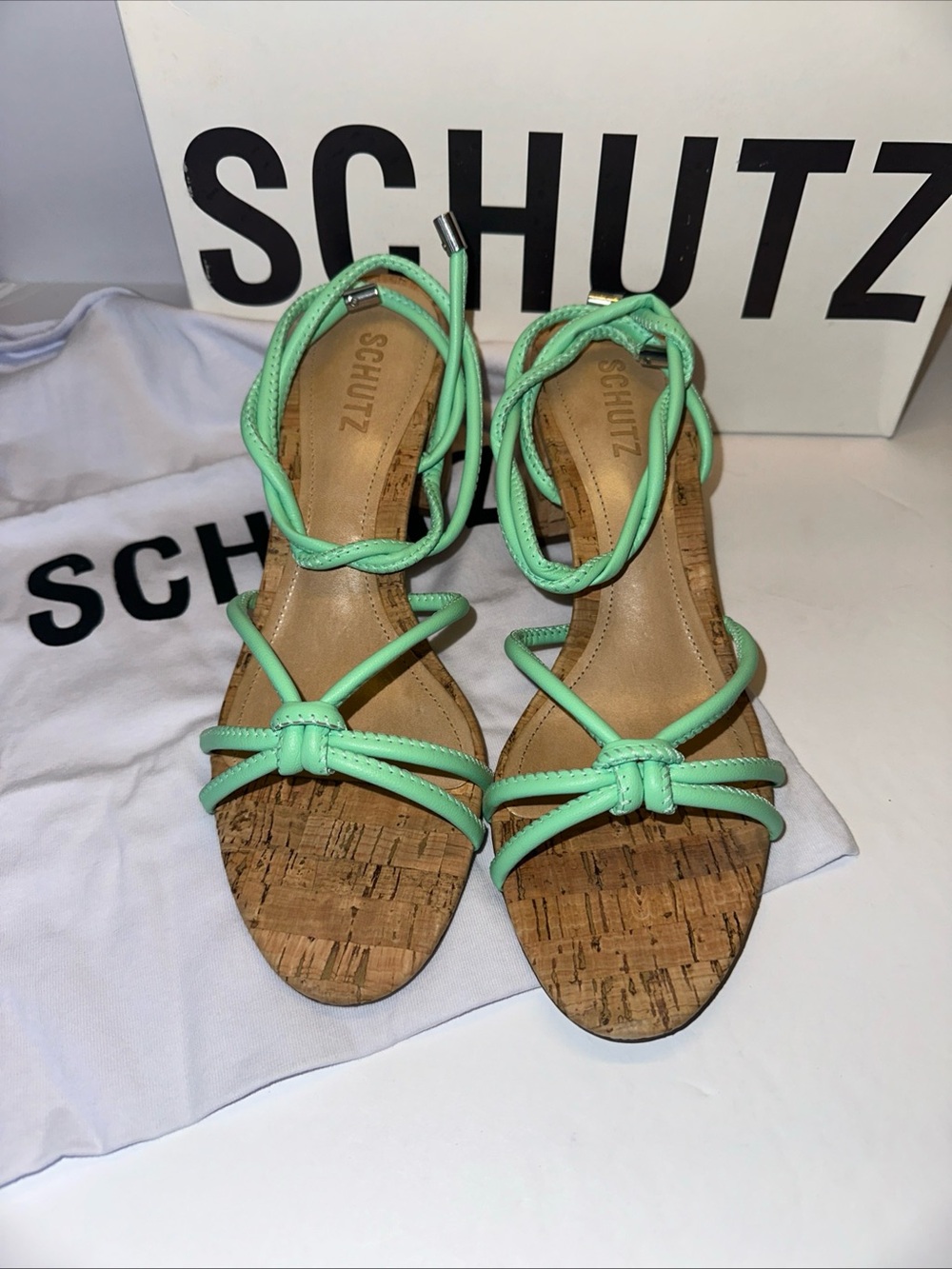 SCHUTZ Suzy Mid Block Sandals Deep Mint Cork Heel Strappy Size 8B NIB